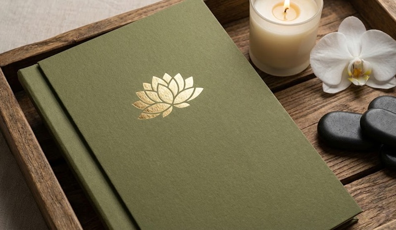 Mẫu in menu Spa bìa cứng ép kim logo nhũ vàng sang trọng.