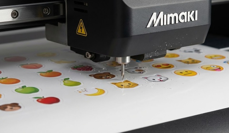 Máy cắt bế decal Mimaki Nhật Bản cắt hình sticker nhỏ.