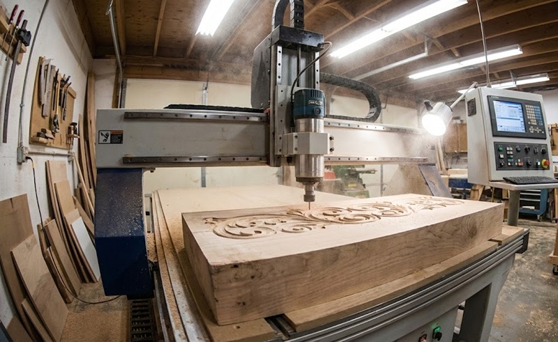 Máy gia công CNC cắt chữ nổi gỗ tự động tại xưởng sản xuất.