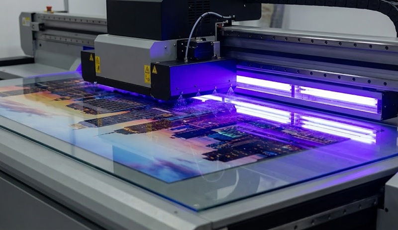 Cận cảnh máy in UV phẳng khổ lớn đang hoạt động phun mực sấy tia cực tím.