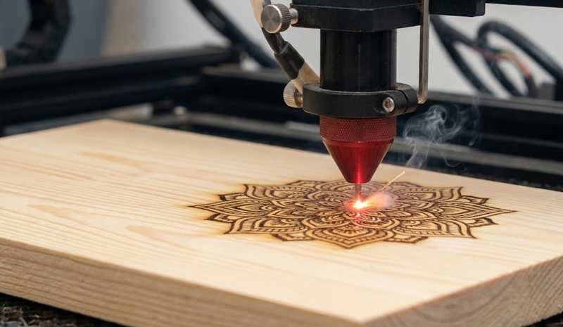 Máy khắc laser CO2 đang khắc hoa văn lên gỗ.