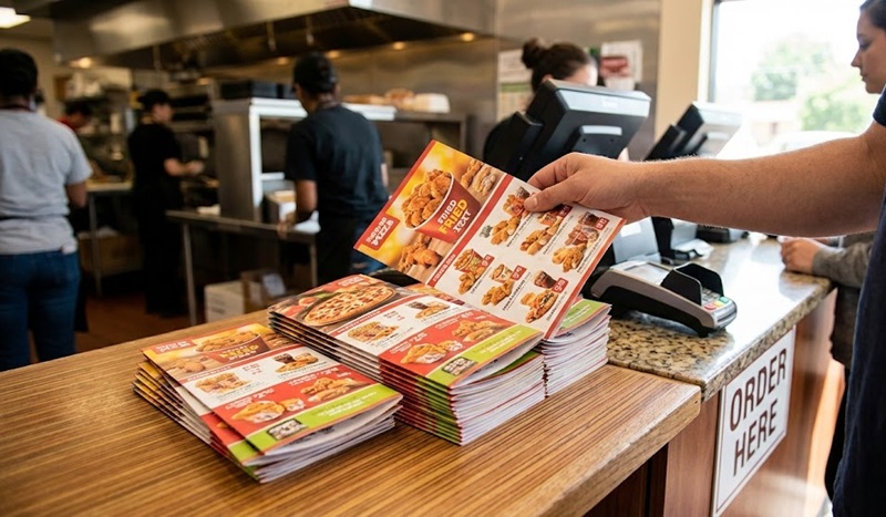 Mẫu in menu giấy gấp 3 mang về (takeaway).