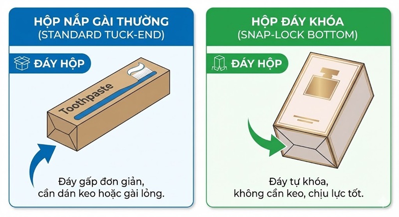 So sánh hộp nắp gài thường và hộp nắp gài đáy khóa.