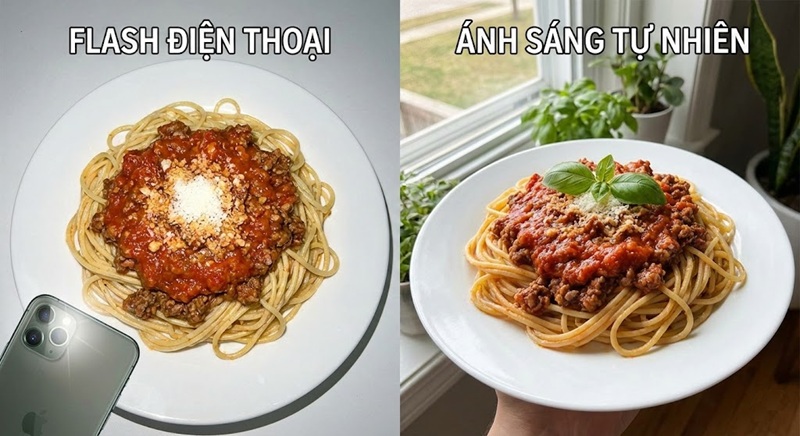 So sánh chụp ảnh món ăn bằng đèn flash và ánh sáng tự nhiên.