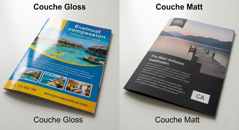 So sánh giấy in brochure Couche Gloss bóng và Couche Matt mờ.