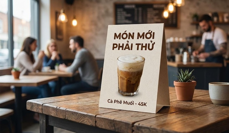Thiết kế menu để bàn tent card giới thiệu món mới.
