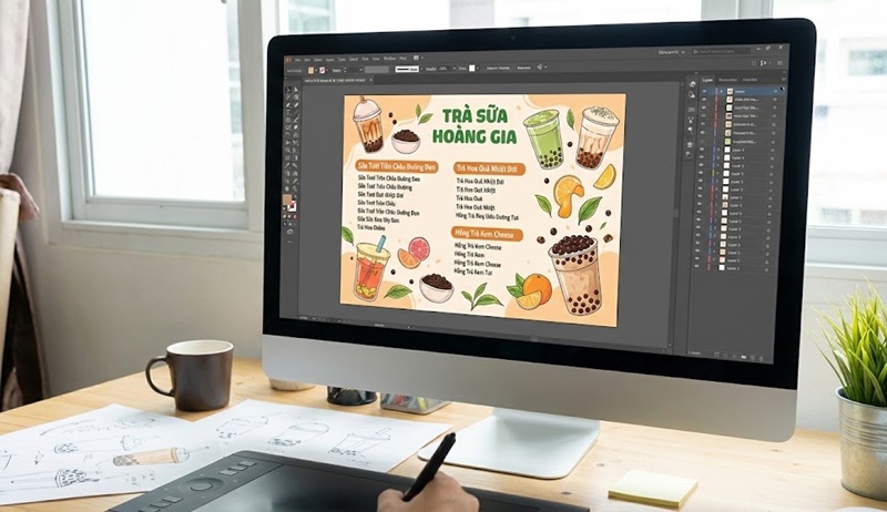 Quy trình thiết kế menu trà sữa chuyên nghiệp trên máy tính.