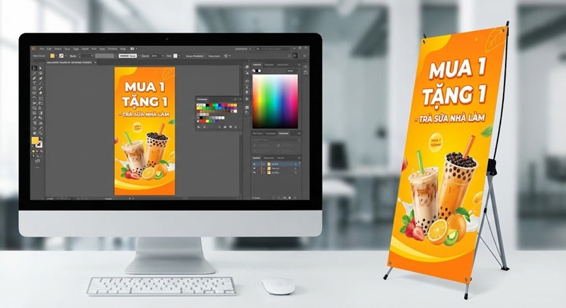 Thiết kế standee theo yêu cầu chuẩn màu CMYK so với bản in thực tế.