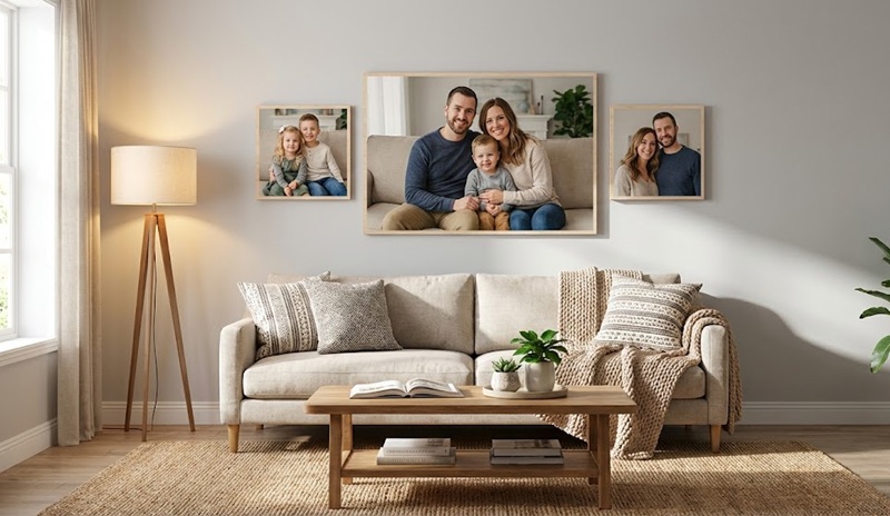 Trang trí tường phòng khách bằng bộ ảnh ép gỗ laminate.