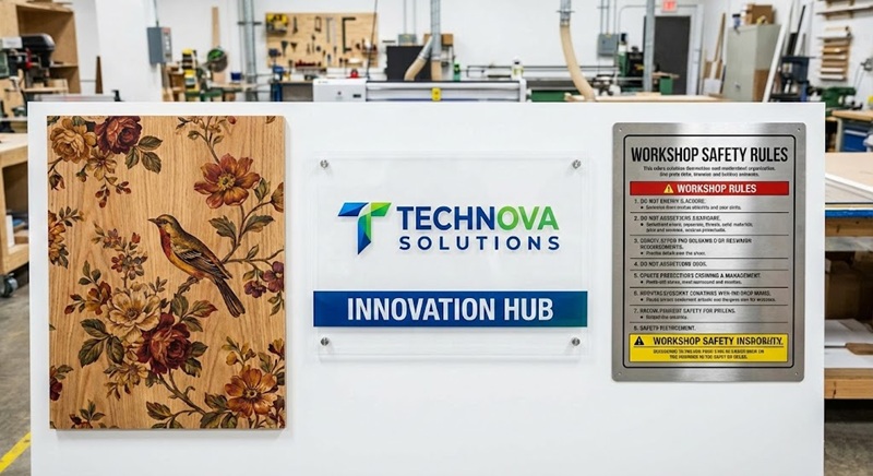 Ứng dụng in UV trên mặt phẳng gõ, mica và inox kim loại.