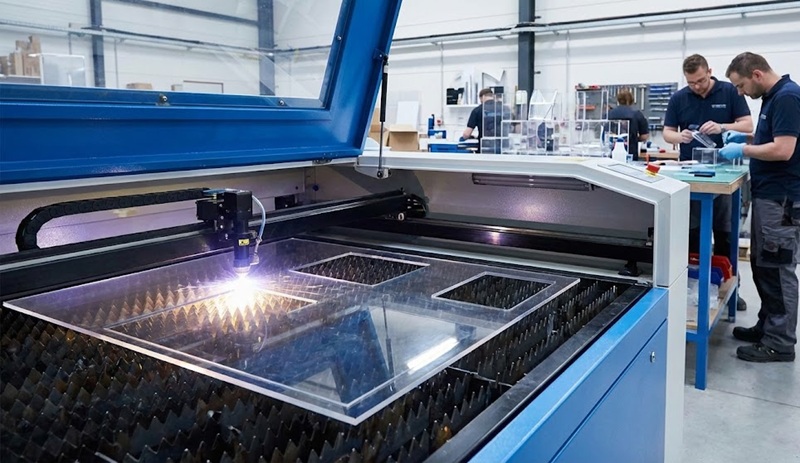 Xưởng gia công cắt mica bằng máy laser CNC hiện đại.