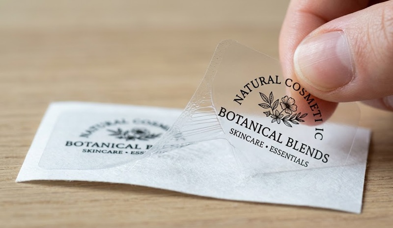 Cận cảnh chất liệu in tem nhãn decal nhựa trong suốt dán bao bì.