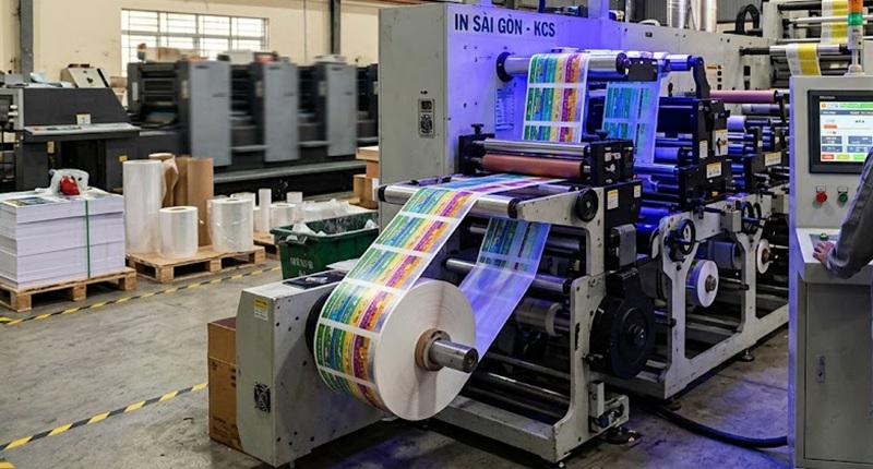 Hệ thống máy in decal UV cuộn công nghiệp hiện đại tại xưởng In Sài Gòn Giá Rẻ.