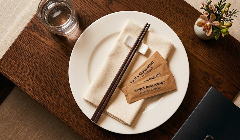 Thiết kế in bao tăm nhà hàng đồng bộ với bao đũa tạo sự chuyên nghiệp.