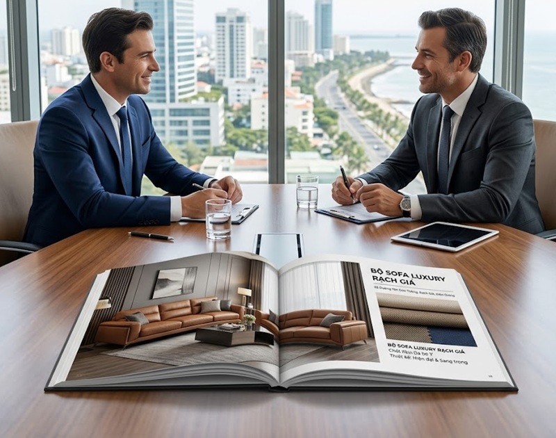 Cuốn catalogue nội thất cao cấp với công nghệ gáy mở phẳng lay-flat tuyệt đẹp.