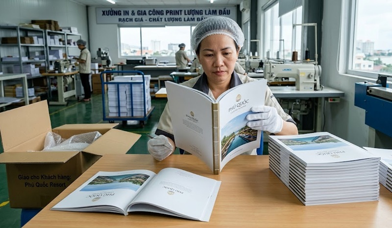 Công đoạn kiểm tra chất lượng KCS gia công in catalogue cao cấp tại xưởng In Sài Gòn Giá Rẻ.