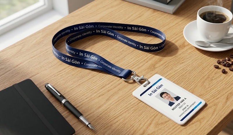 Mẫu in dây đeo thẻ in logo đồng bộ với thẻ nhựa nhân viên công ty.