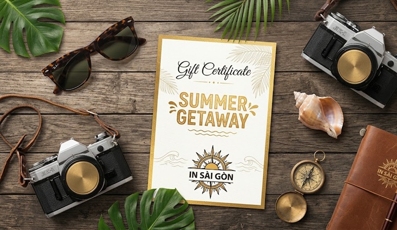 Mẫu in voucher du lịch nghỉ dưỡng mùa hè thiết kế sang trọng, bắt mắt.