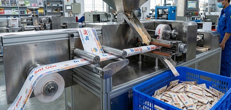Hệ thống máy đóng gói và in vỏ bao tăm tự động tại xưởng In Sài Gòn Giá Rẻ.