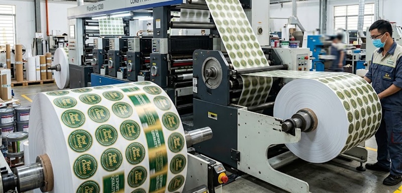 Hệ thống máy in tem nhãn dán bao bì dạng cuộn công nghiệp tại xưởng In Sài Gòn.