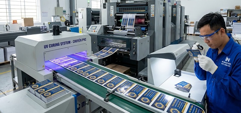 Hệ thống máy in thẻ bảo hành nhựa cứng PVC công nghiệp tại xưởng In Sài Gòn Giá Rẻ.