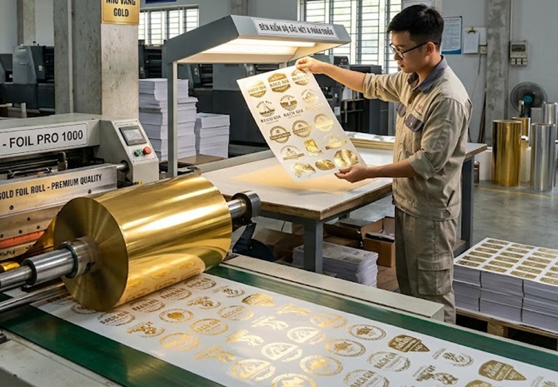 Quy trình gia công in tem nhãn decal ép kim nhũ vàng trực tiếp tại xưởng In Sài Gòn.