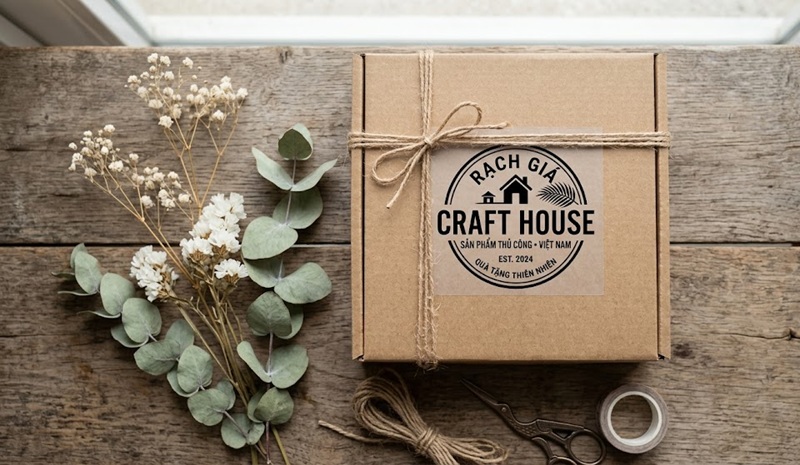 Trang trí hộp giấy kraft trơn bằng dây thừng và tem nhãn dán tinh tế.