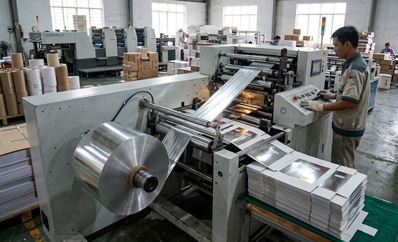 Máy gia công in hộp giấy ép kim tự động tại xưởng In Sài Gòn Giá Rẻ.