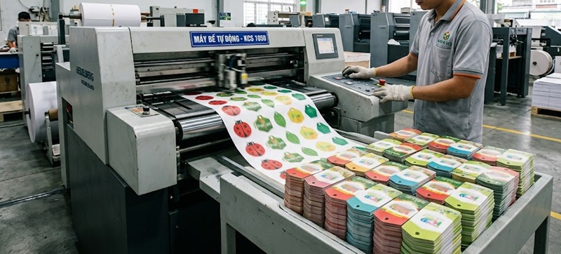 Xưởng gia công cắt bế thẻ tag treo sản phẩm tại In Sài Gòn Giá Rẻ.