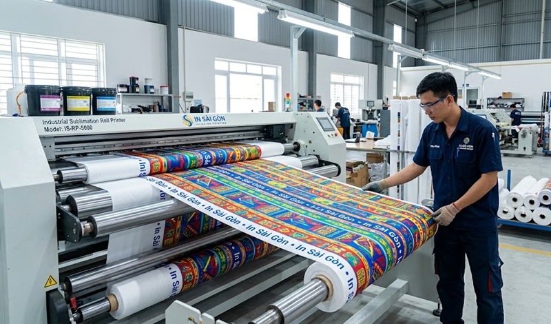 Hệ thống máy in chuyển nhiệt cuộn sản xuất dây đeo thẻ tại xưởng In Sài Gòn.