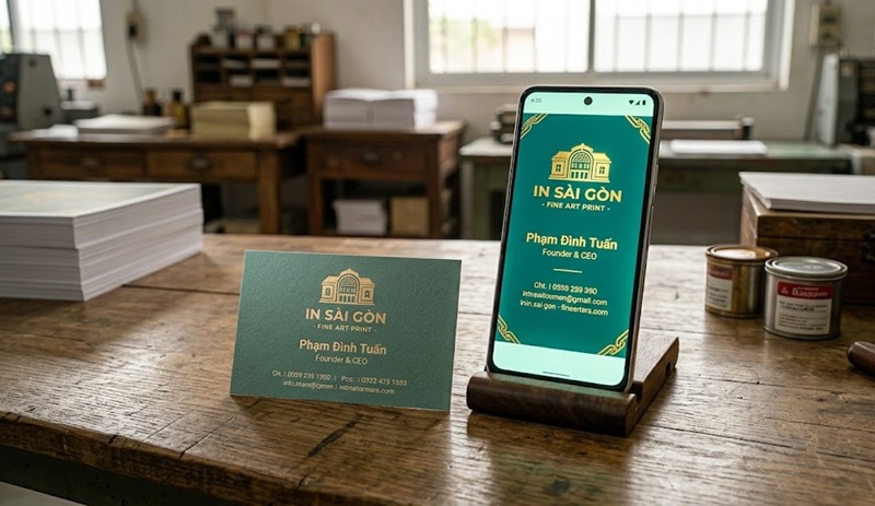 So sánh màu sắc giữa file thiết kế trên màn hình và bản in test mẫu danh thiếp thực tế.