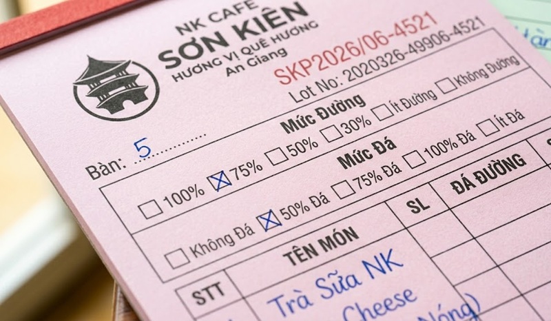 Cận cảnh chi tiết ô tick chọn lượng đường đá sắc nét trên mẫu phiếu order trà sữa.