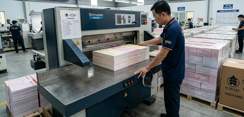 Máy xén giấy công nghiệp tại In Sài Gòn Giá Rẻ cắt chuẩn xác kích thước phiếu order, tối ưu chi phí giấy in.