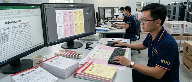 Đội ngũ thiết kế tại In Sài Gòn Giá Rẻ hỗ trợ tiếp nhận file Excel và chuẩn hóa để in phiếu order carbonless.