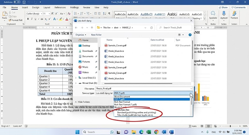 Hướng dẫn chọn định dạng lưu PDF tiêu chuẩn cao để in khóa luận tốt nghiệp sắc nét.