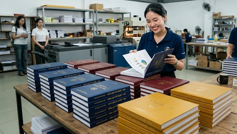 Thành phẩm in bìa cứng tốt nghiệp mạ vàng hoàn hảo, chuẩn quy chuẩn giáo dục tại TPHCM.