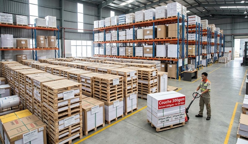 Kho giấy nguyên liệu quy mô lớn tại In Sài Gòn Giá Rẻ sẵn sàng phục vụ các đơn hàng in offset.