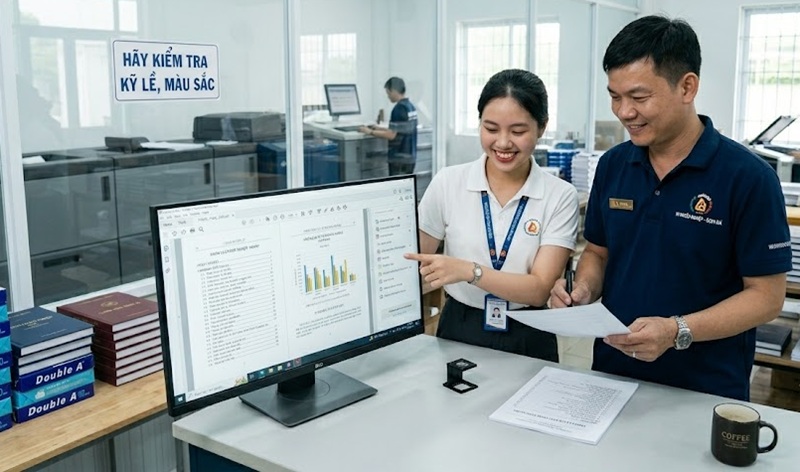 Kỹ thuật viên tại xưởng In Sài Gòn Giá Rẻ hỗ trợ sinh viên kiểm tra file luận văn trước khi in ấn.