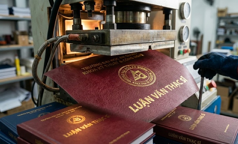 Quá trình vận hành máy ép nhiệt làm bìa luận văn mạ chữ vàng sắc nét tại xưởng.