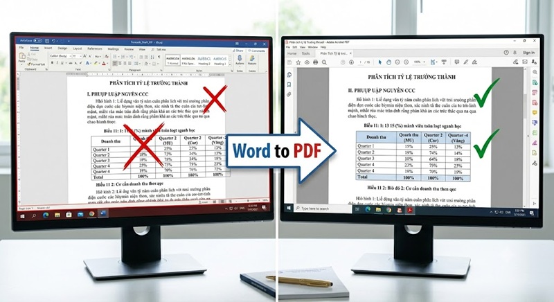 So sánh lỗi nhảy trang, lỗi font trên file Word và sự ổn định của file PDF khi mang đi in ấn.