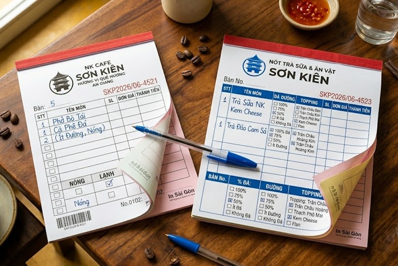 So sánh sự khác biệt trong thiết kế form mẫu in phiếu order quán cafe và phiếu order trà sữa.