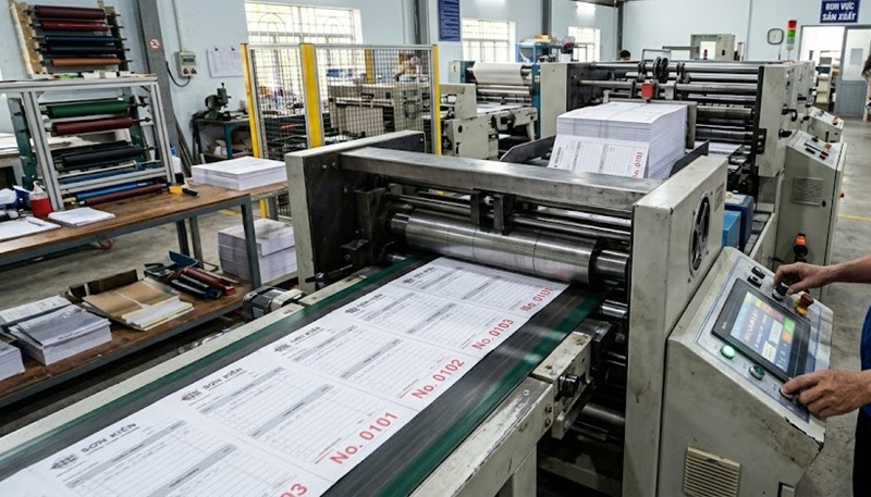 Máy gia công cấn răng cưa và đóng số nhảy tự động công suất lớn tại xưởng In Sài Gòn Giá Rẻ.
