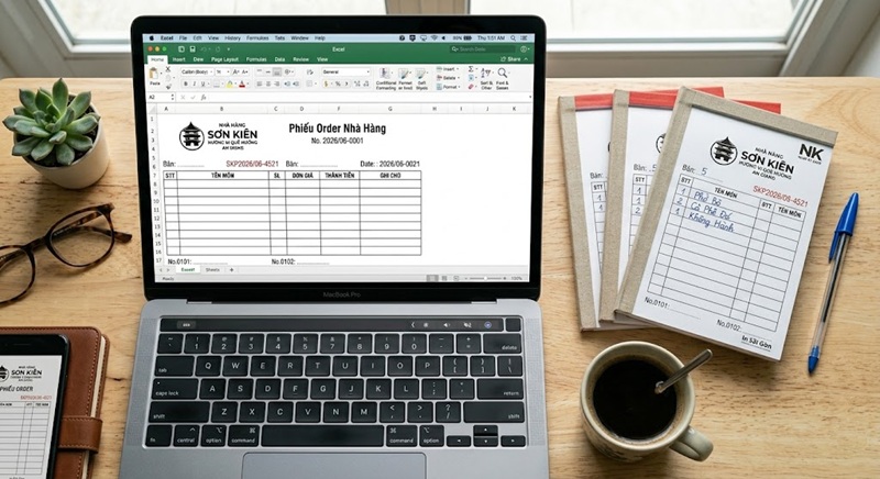 Thiết kế file Excel phiếu order nhà hàng giúp chủ quán dễ dàng chỉnh sửa menu và căn lề chuẩn xác.