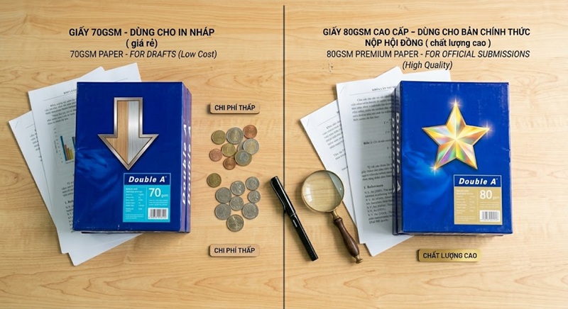 Lựa chọn đúng định lượng giấy 70gsm hoặc 80gsm giúp tối ưu chi phí in đồ án tốt nghiệp.