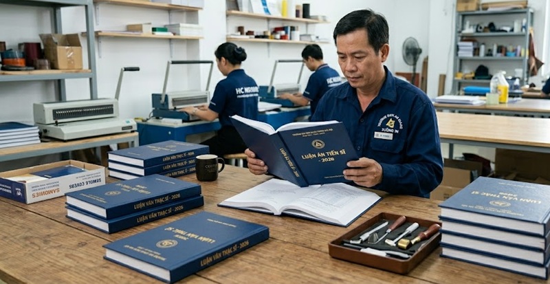Công đoạn kiểm tra chất lượng gáy sách và chữ mạ vàng cho luận văn thạc sĩ trước khi giao khách.