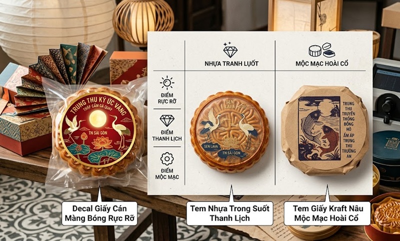 Các chất liệu tem decal giấy kraft nhựa trong suốt dán bao bì bánh trung thu