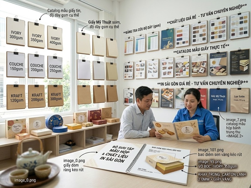 Bảng catalog mẫu giấy in bao bì minh bạch tại văn phòng In Sài Gòn Giá Rẻ