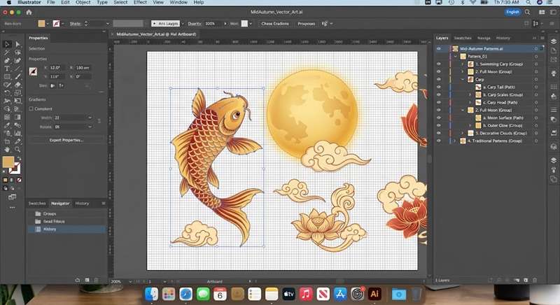 Giao diện chỉnh sửa file vector mẫu thiết kế bao bì hộp bánh trung thu trên Illustrator