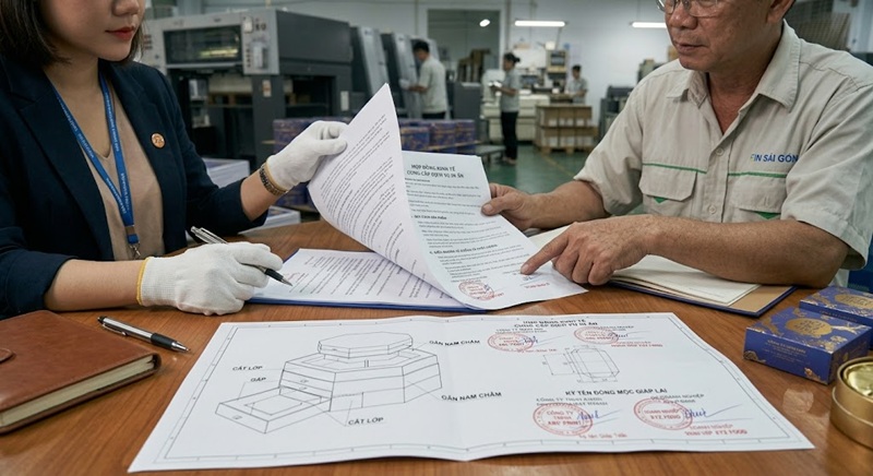 Kiểm tra điều khoản thông số kỹ thuật chất liệu giấy trong hợp đồng in hộp bánh trung thu