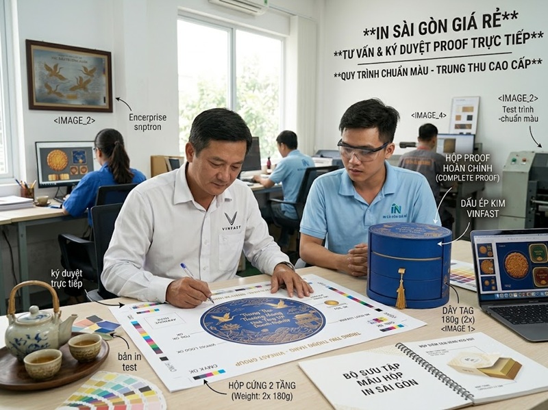 Khách hàng doanh nghiệp duyệt mẫu in test hộp bánh trung thu tại văn phòng xưởng